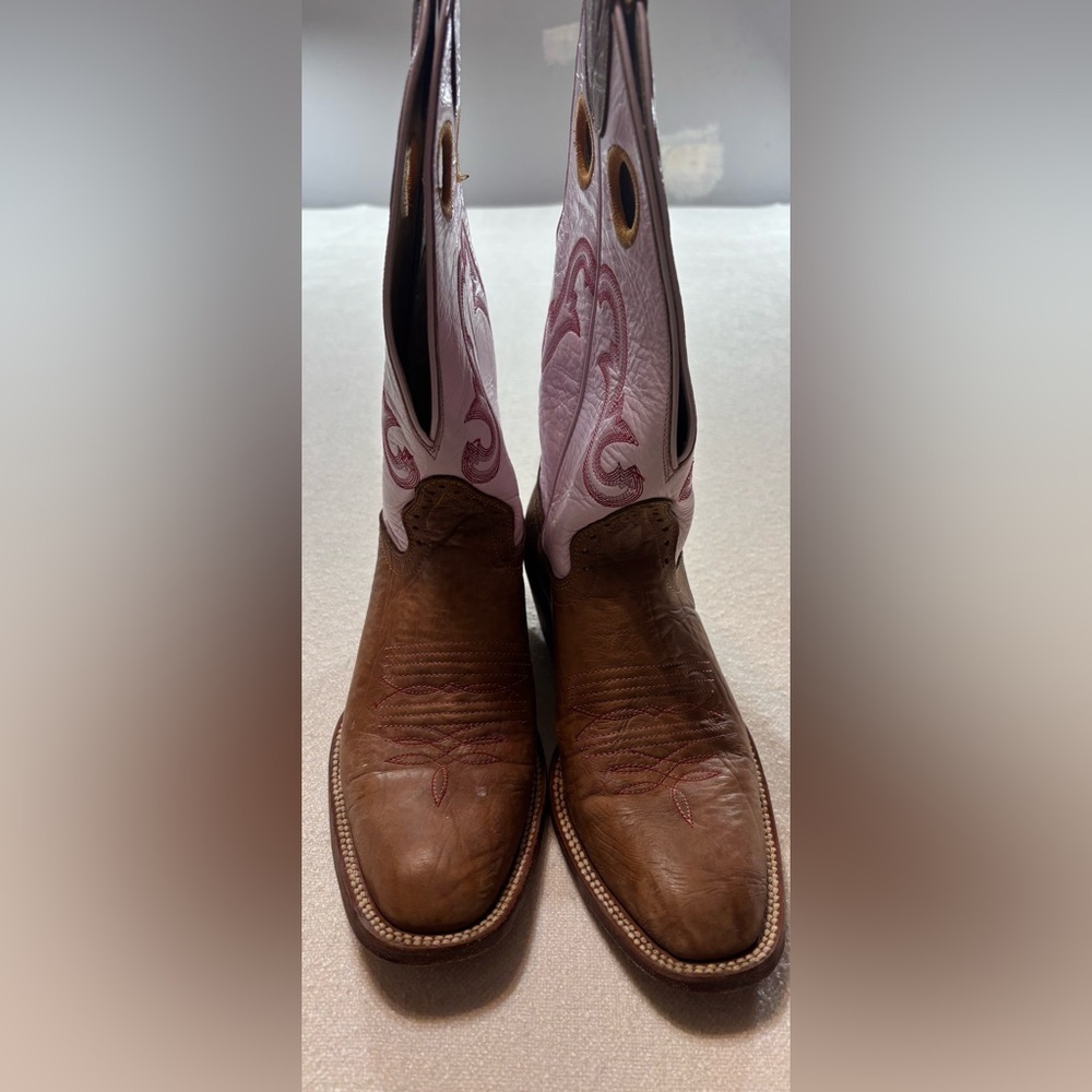 Hondo Boots Womens Brown Pink Leather Western Cowboy Square Toe Pull On USA - Picture 6 of 8